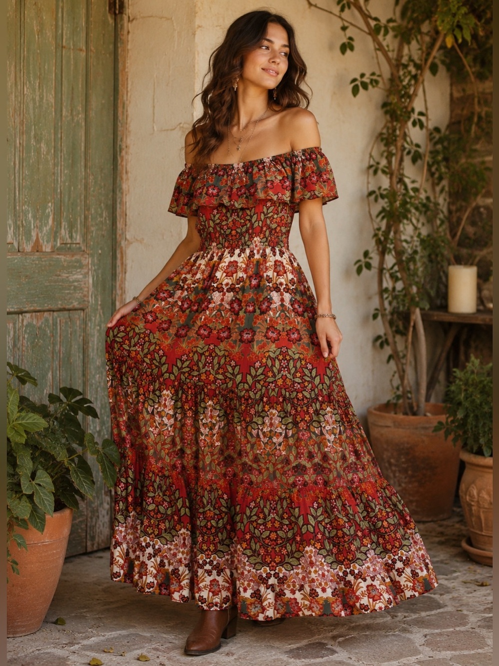 Light & Sound Boho Floral Off Shoulder Maxi Dress Cottagecore Prairie S Western